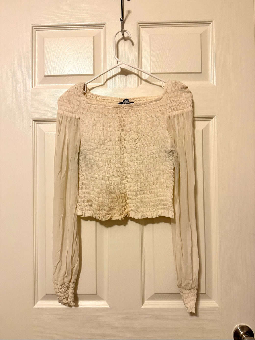 Reformation Smocked Off-Shoulder Long Sleeve Top — Cream